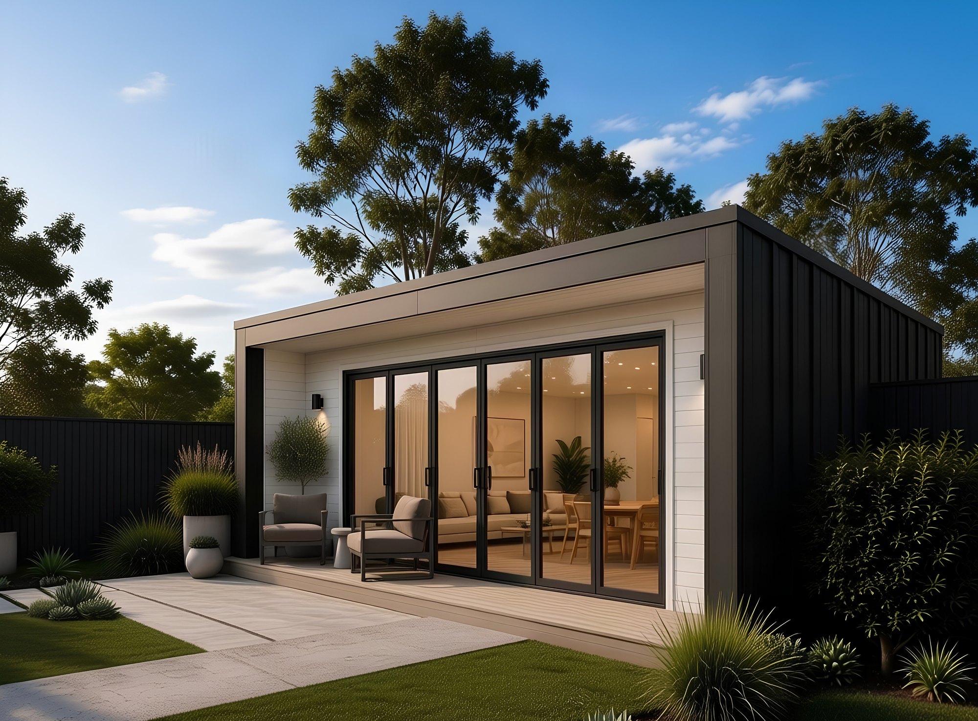 The Pavilion viewed from the garden, showing the charcoal side cladding and white shiplap frontage