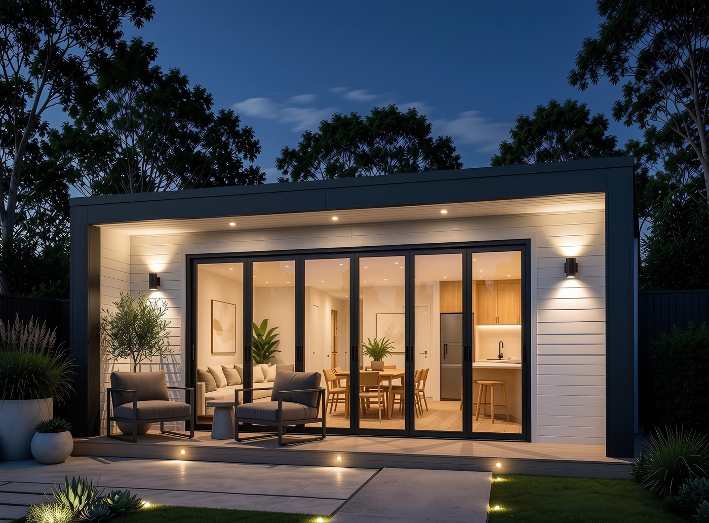 The Pavilion at dusk — a two-bedroom modular home with a six-panel stacker wall opening onto a lit covered deck